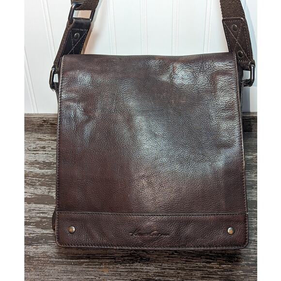 Kenneth Cole Dark Brown Leather Messenger Crossbody Bag Adjustable Strap - Picture 2 of 8